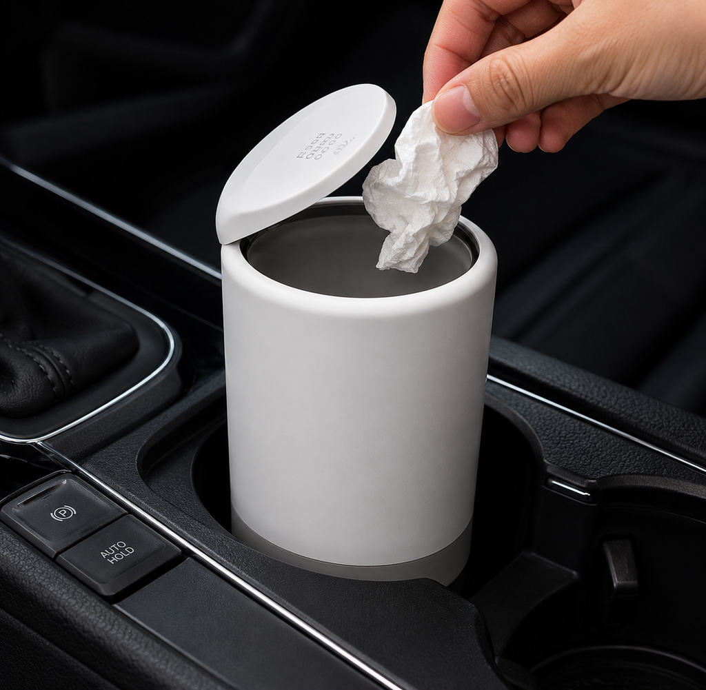 Mini Car Trash Can with Push Lid – Compact Cup Holder Garbage Bin